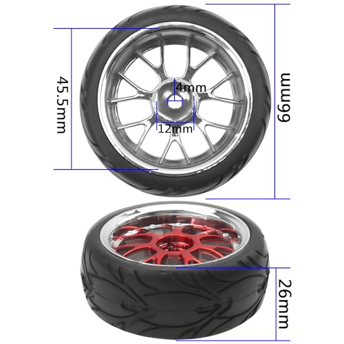 ShareGoo 1/10 RC Wheels with Rubber Tires – 12mm Hex, 66x26mm, Red Plastic Rims for On-Road Touring Cars
