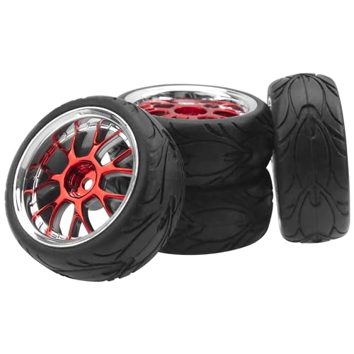 ShareGoo 1/10 RC Wheels with Rubber Tires – 12mm Hex, 66x26mm, Red Plastic Rims for On-Road Touring Cars