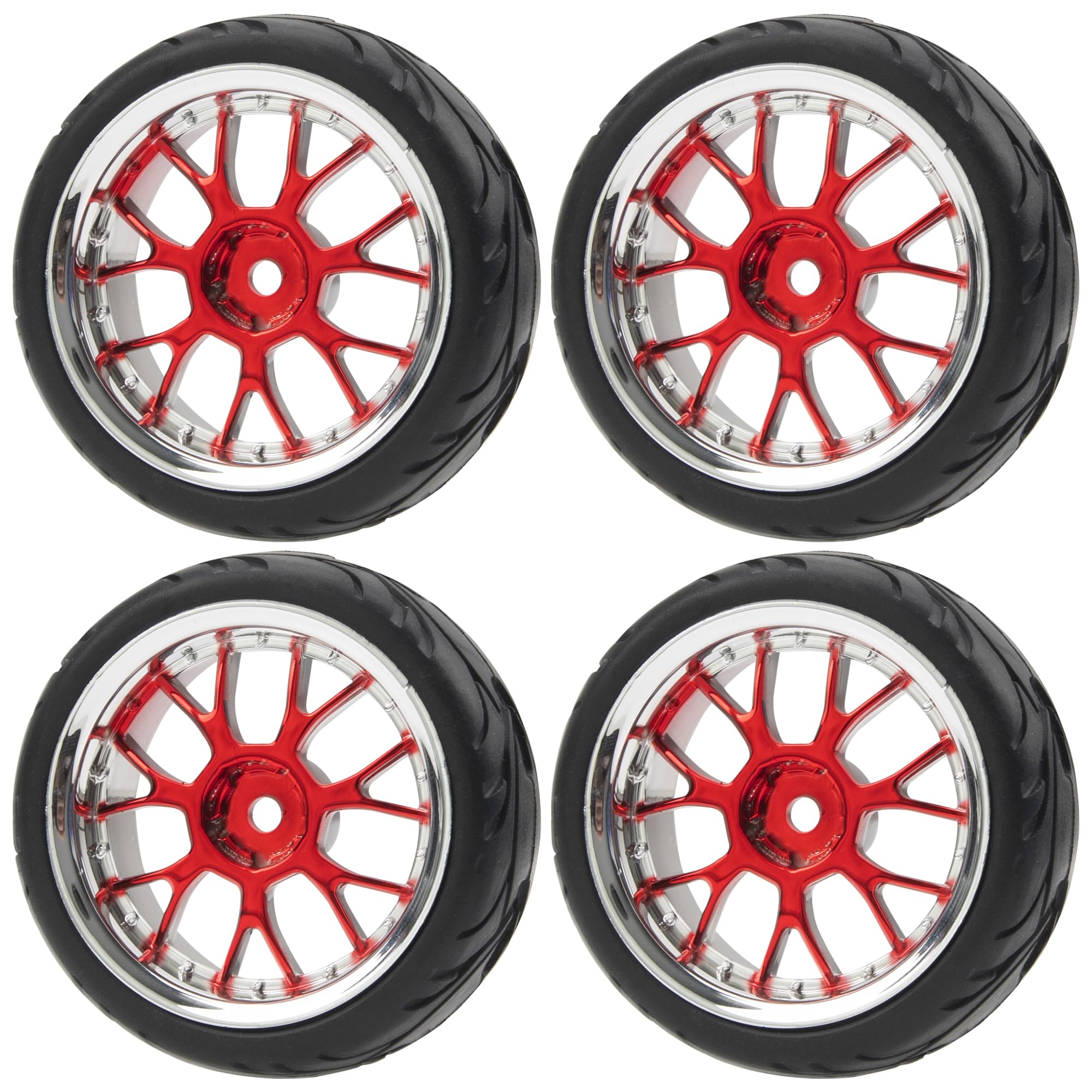 ShareGoo 1/10 RC Wheels with Rubber Tires – 12mm Hex, 66x26mm, Red Plastic Rims for On-Road Touring Cars