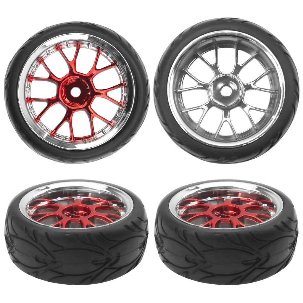 ShareGoo 1/10 RC Wheels with Rubber Tires – 12mm Hex, 66x26mm, Red Plastic Rims for On-Road Touring Cars