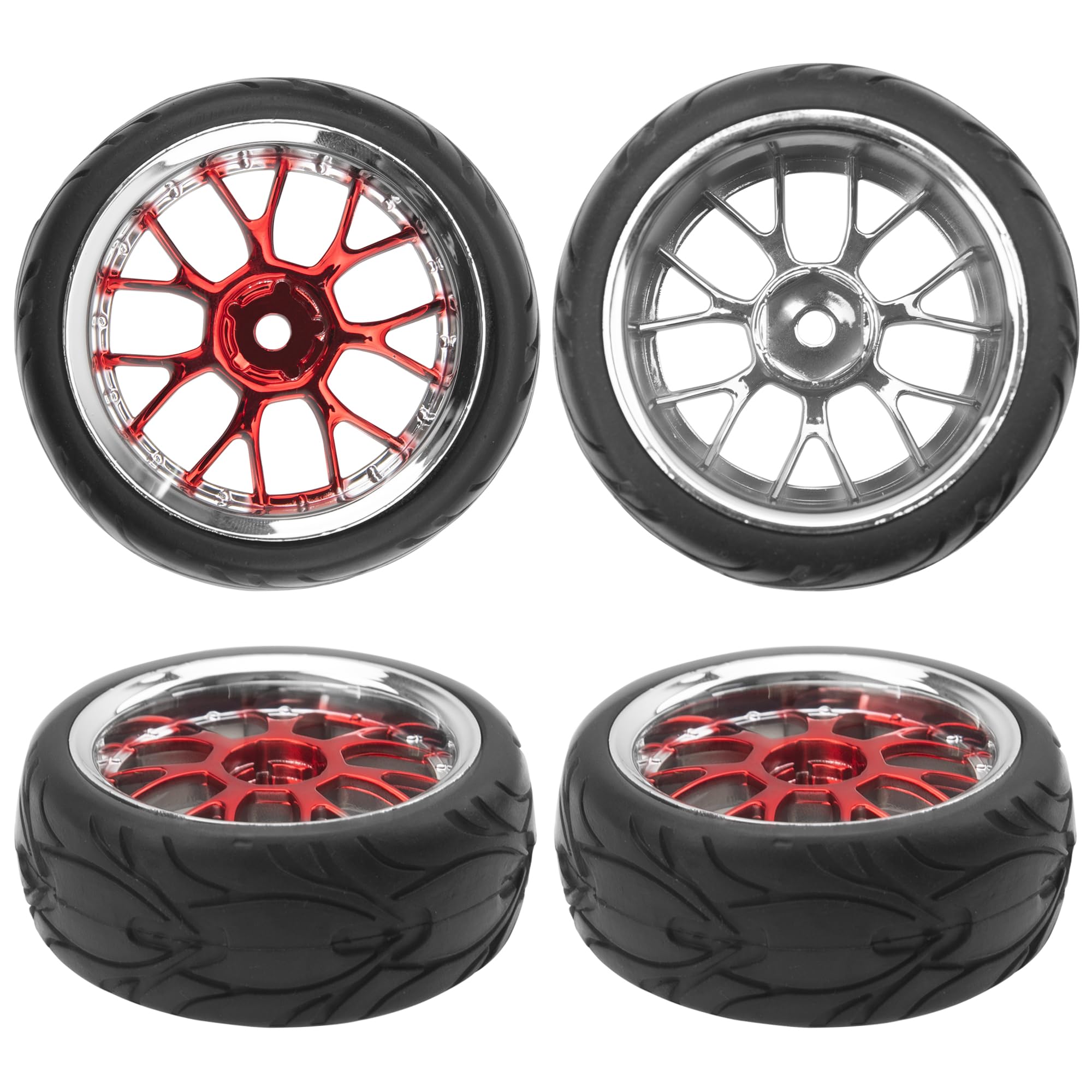 ShareGoo 1/10 RC Wheels with Rubber Tires – 12mm Hex, 66x26mm, Red Plastic Rims for On-Road Touring Cars