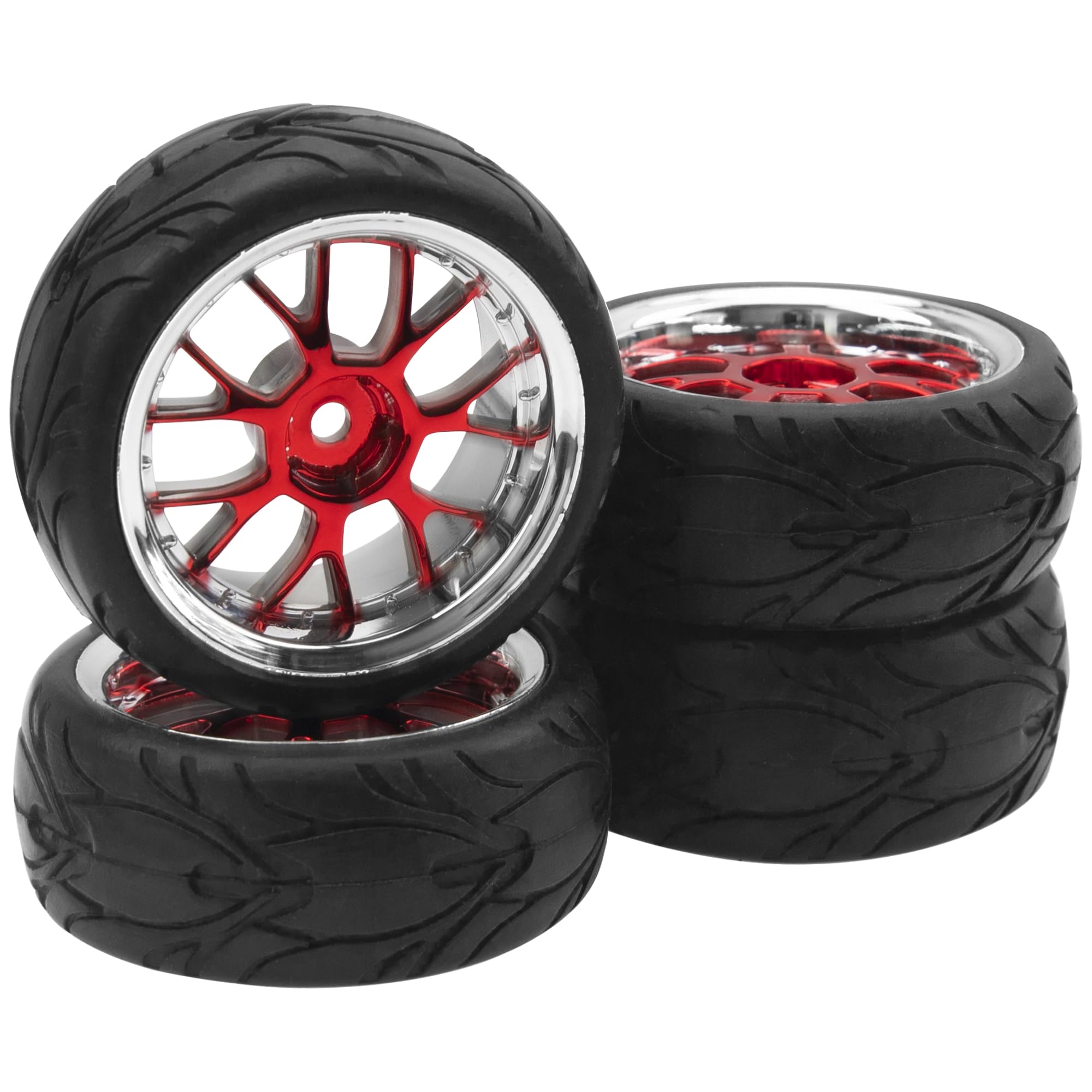 ShareGoo 1/10 RC Wheels with Rubber Tires – 12mm Hex, 66x26mm, Red Plastic Rims for On-Road Touring Cars