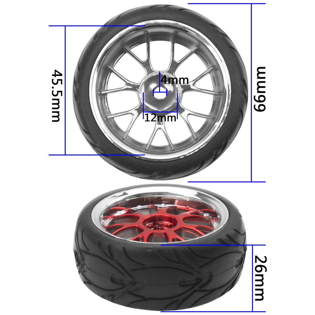 ShareGoo 1/10 RC Wheels with Rubber Tires – 12mm Hex, 66x26mm, Red Plastic Rims for On-Road Touring Cars