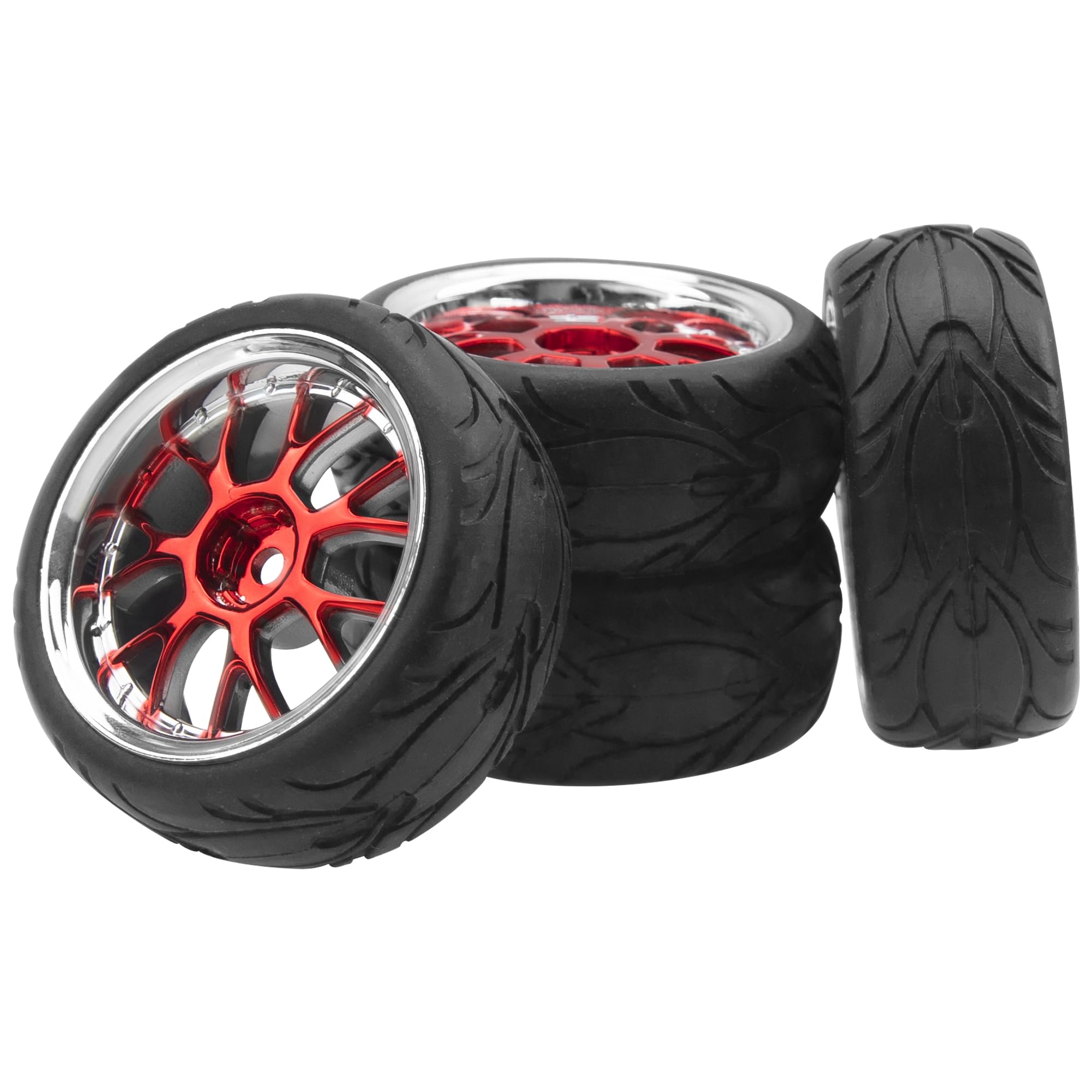 ShareGoo 1/10 RC Wheels with Rubber Tires – 12mm Hex, 66x26mm, Red Plastic Rims for On-Road Touring Cars