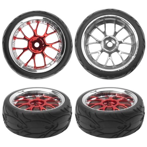 ShareGoo 1/10 RC Wheels with Rubber Tires – 12mm Hex, 66x26mm, Red Plastic Rims for On-Road Touring Cars