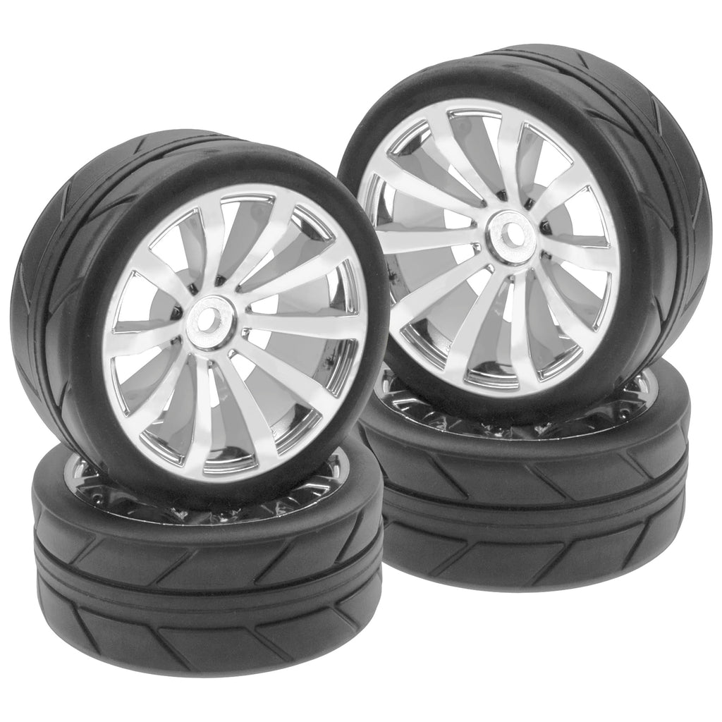 ShareGoo 2.55" OD Rubber Tires with Plastic Rims – 12mm Hex – 4-Pack for 1/10 RC On-Road Cars