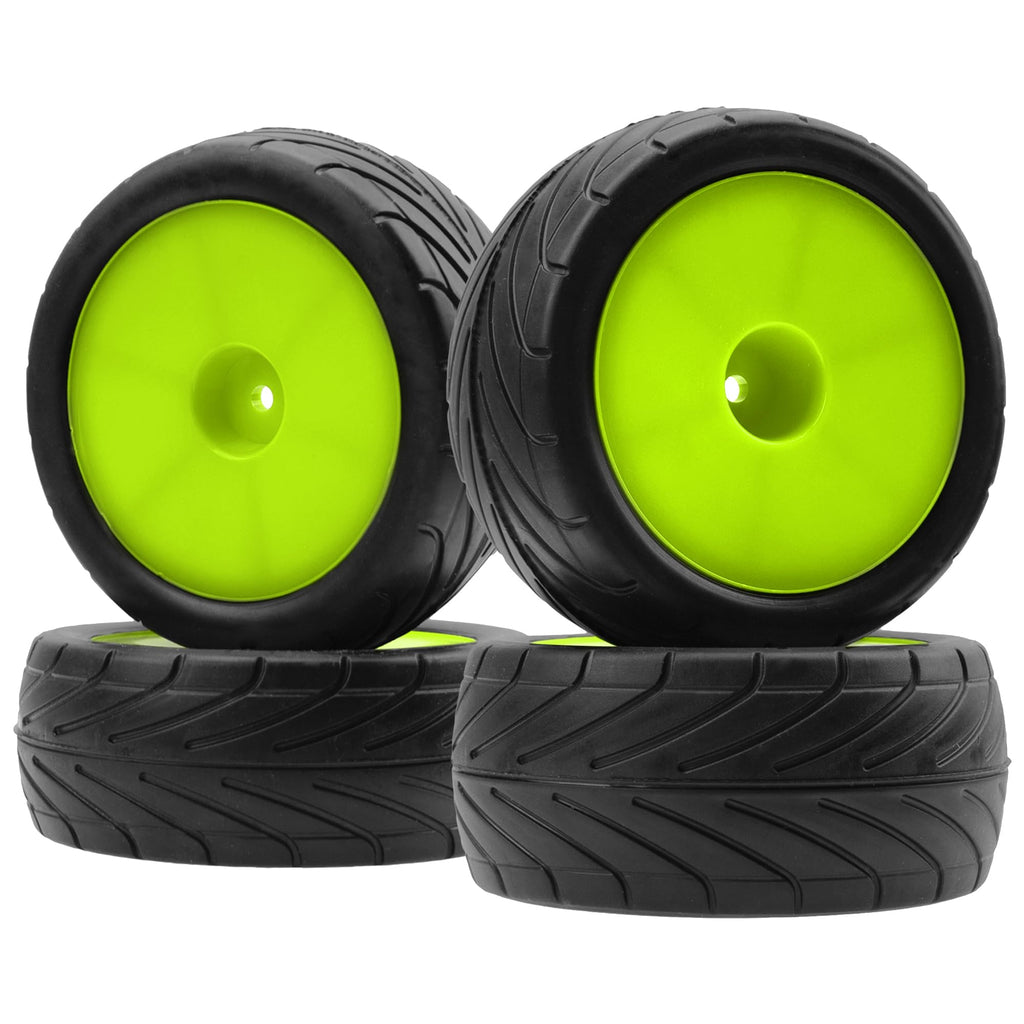 ShareGoo 4Pack RC Tires 85mm 12mm Hex for 1/10 Off-Road Buggy - Green Rims (Front & Rear)