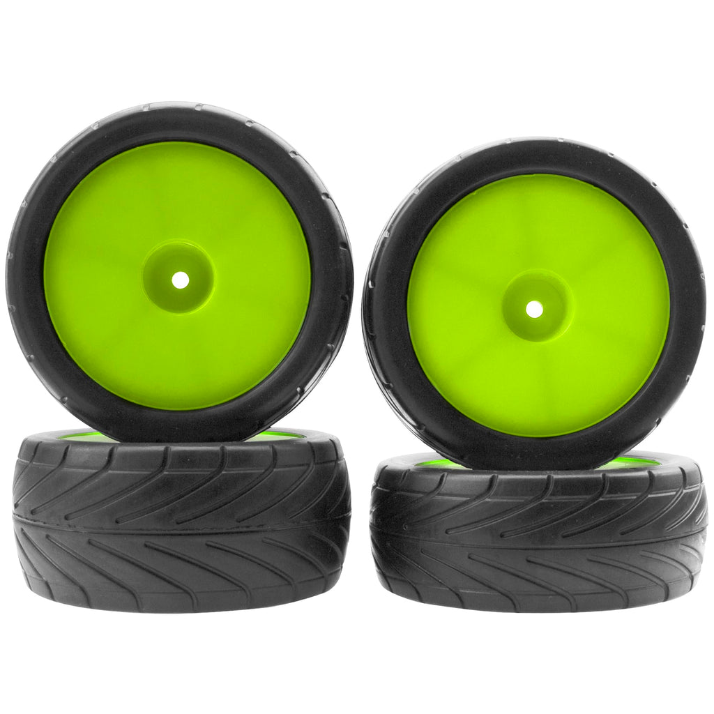 ShareGoo 4Pack RC Tires 85mm 12mm Hex for 1/10 Off-Road Buggy - Green Rims (Front & Rear)