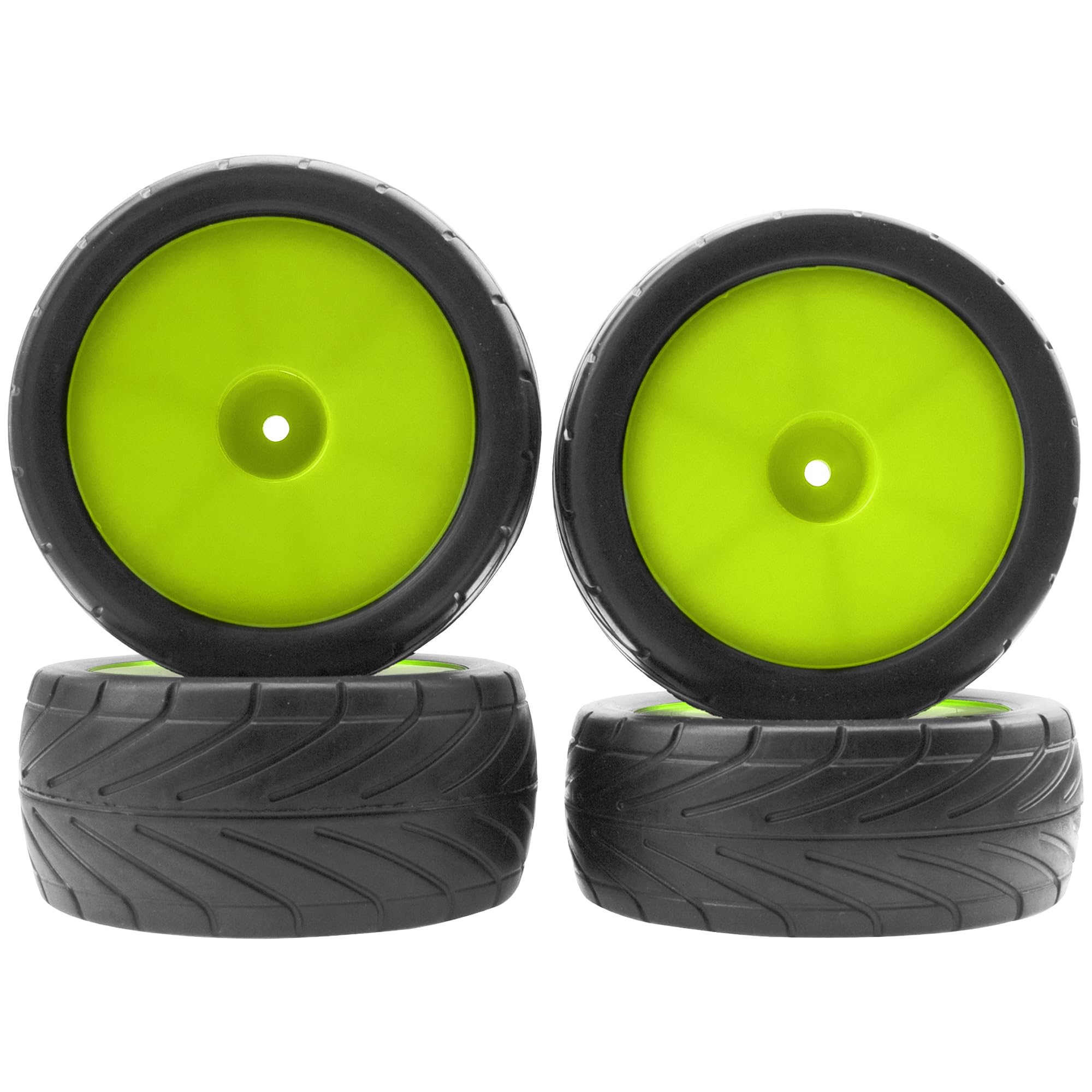 ShareGoo 4Pack RC Tires 85mm 12mm Hex for 1/10 Off-Road Buggy - Green Rims (Front & Rear)