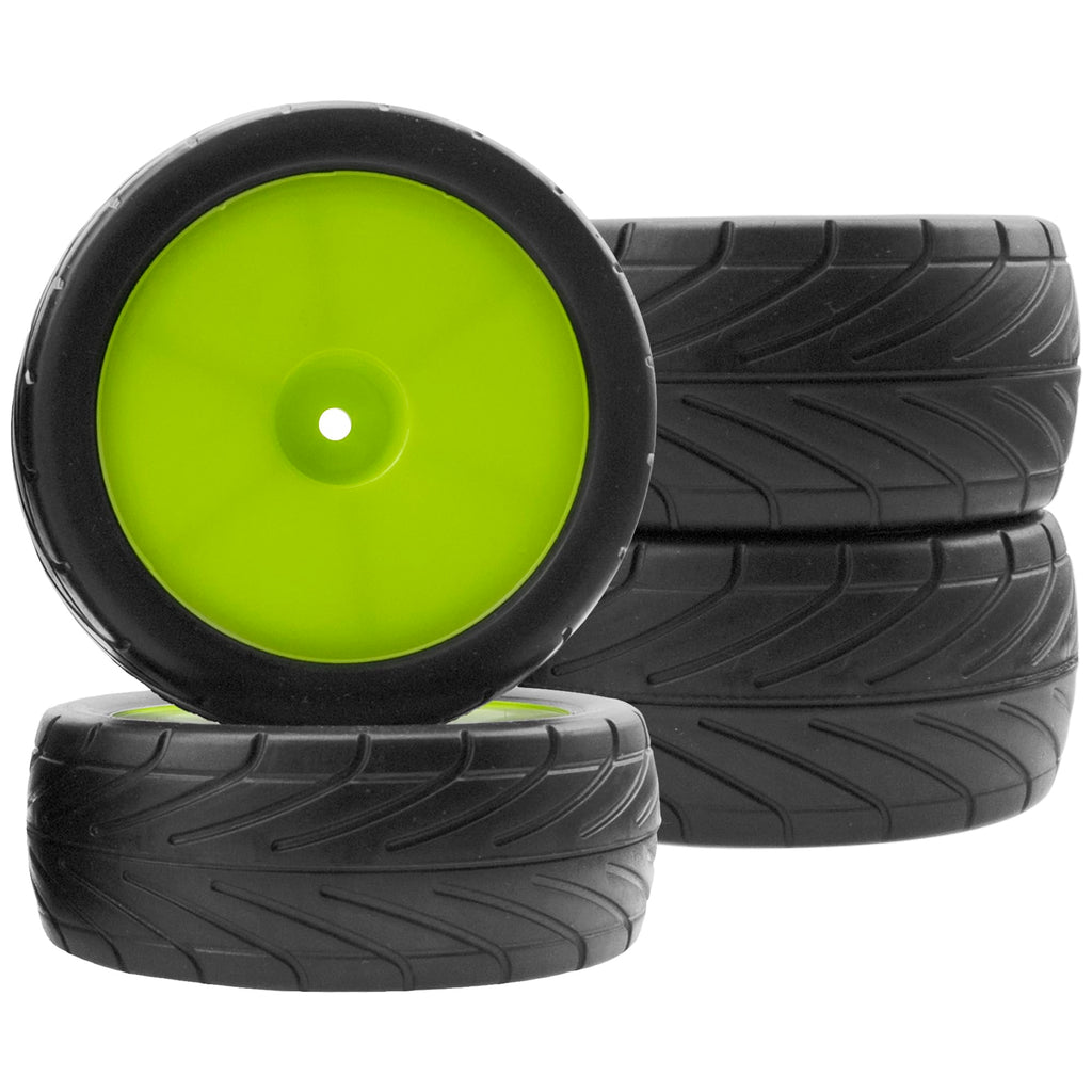 ShareGoo 4Pack RC Tires 85mm 12mm Hex for 1/10 Off-Road Buggy - Green Rims (Front & Rear)