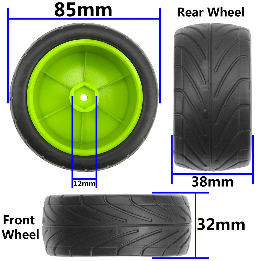 ShareGoo 4Pack RC Tires 85mm 12mm Hex for 1/10 Off-Road Buggy - Green Rims (Front & Rear)