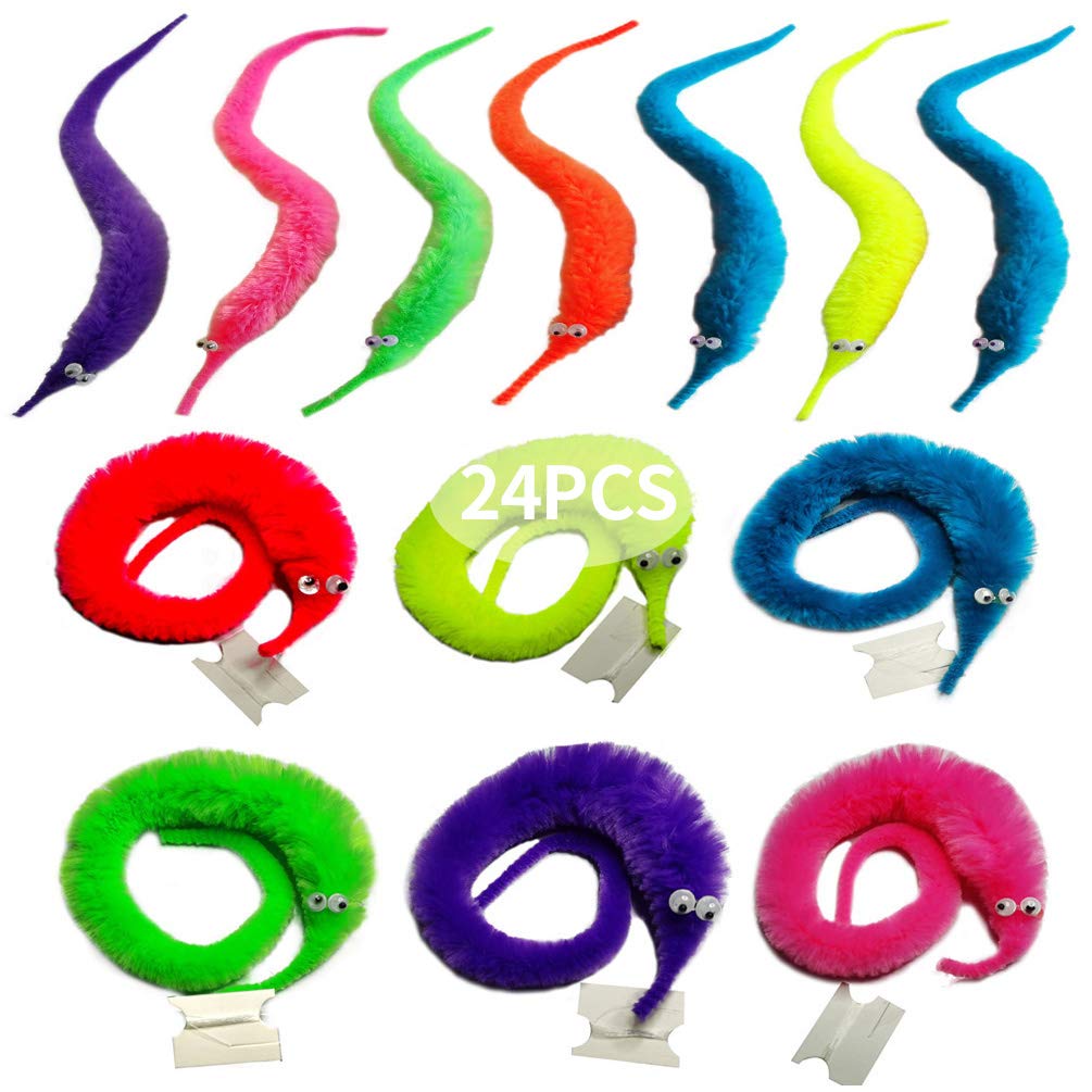 SHENGSEN 24 Pack Fuzzy Worm Toys – Invisible String Trick Worms in 6 Colors for Kids and Cats