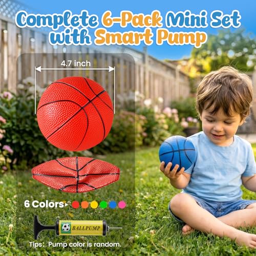 Shindel Mini Basketball Set - 6 Pack of 4.7 Inch Neoprene Balls with Pump for Kids