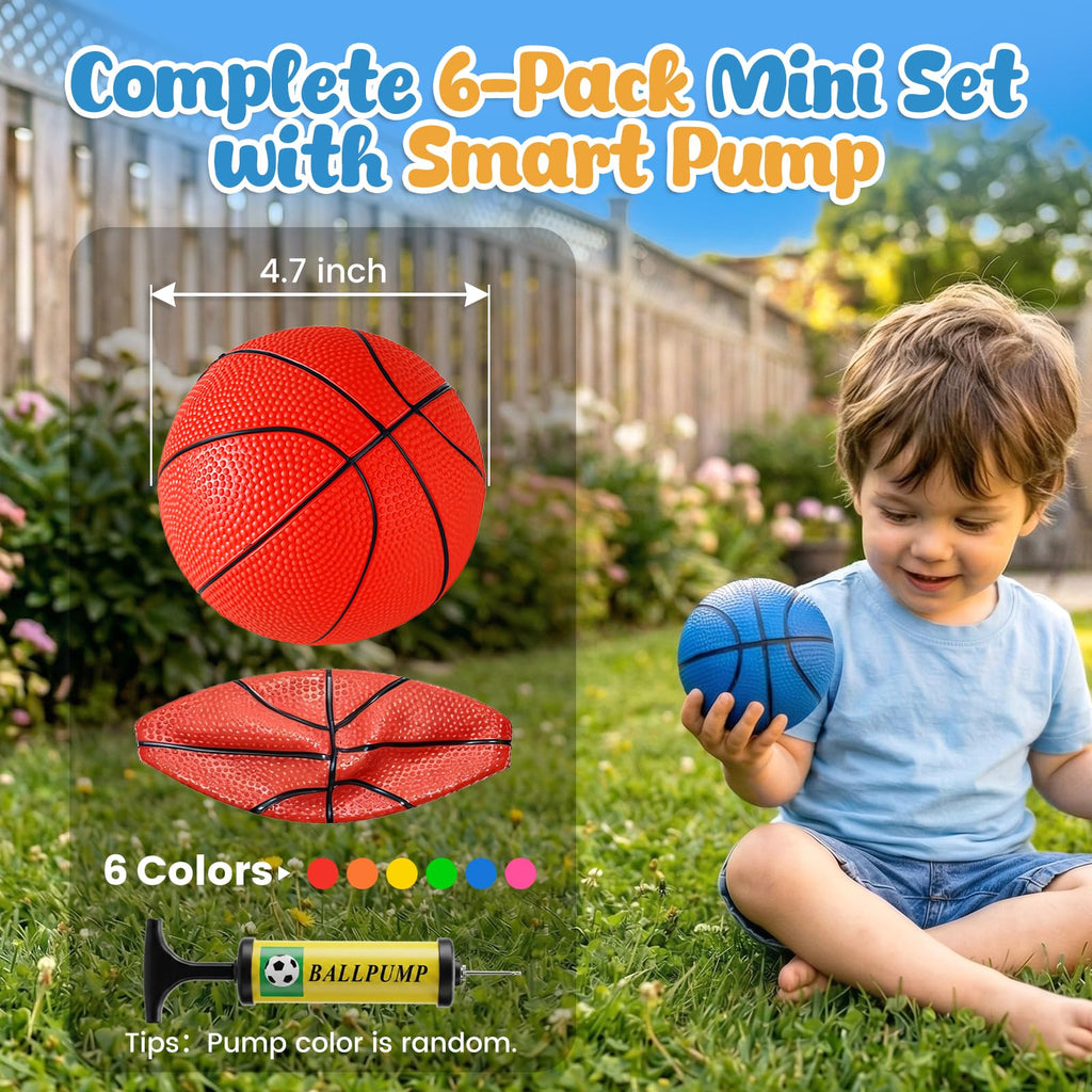 Shindel Mini Basketball Set - 6 Pack of 4.7 Inch Neoprene Balls with Pump for Kids