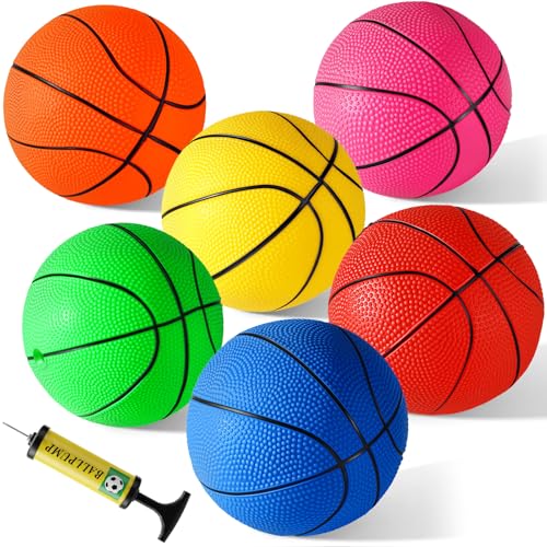 Shindel Mini Basketball Set - 6 Pack of 4.7 Inch Neoprene Balls with Pump for Kids