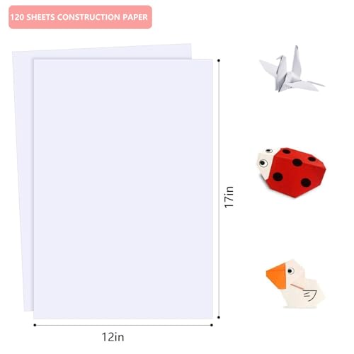 Shinok White Construction Paper 12x17 Inch - 120 Sheets, 55lb Standard Weight for Art and Crafts