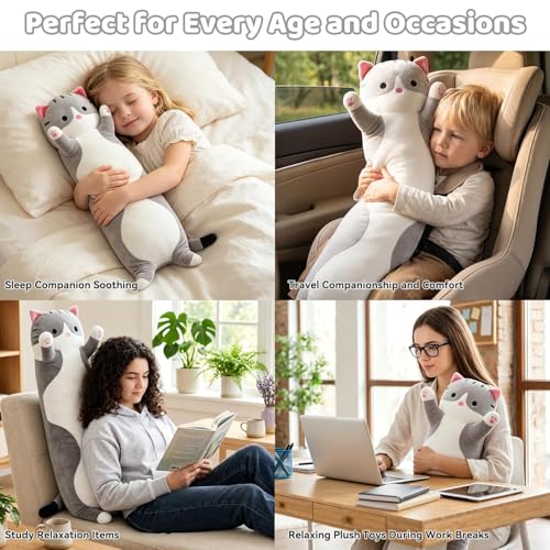 SHINUOER Gray Cat Plush Pillow 19.7 Inch – Long Body Pillow for Kids