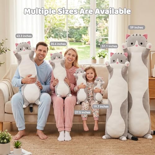 SHINUOER Gray Cat Plush Pillow 19.7 Inch – Long Body Pillow for Kids