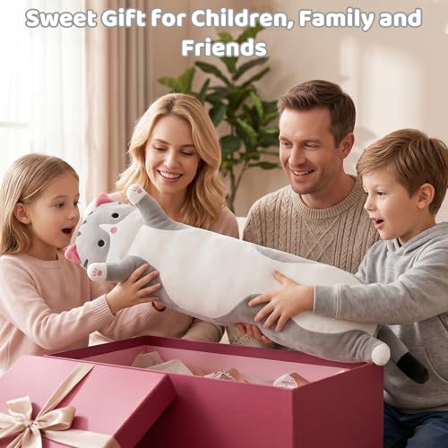 SHINUOER Gray Cat Plush Pillow 19.7 Inch – Long Body Pillow for Kids