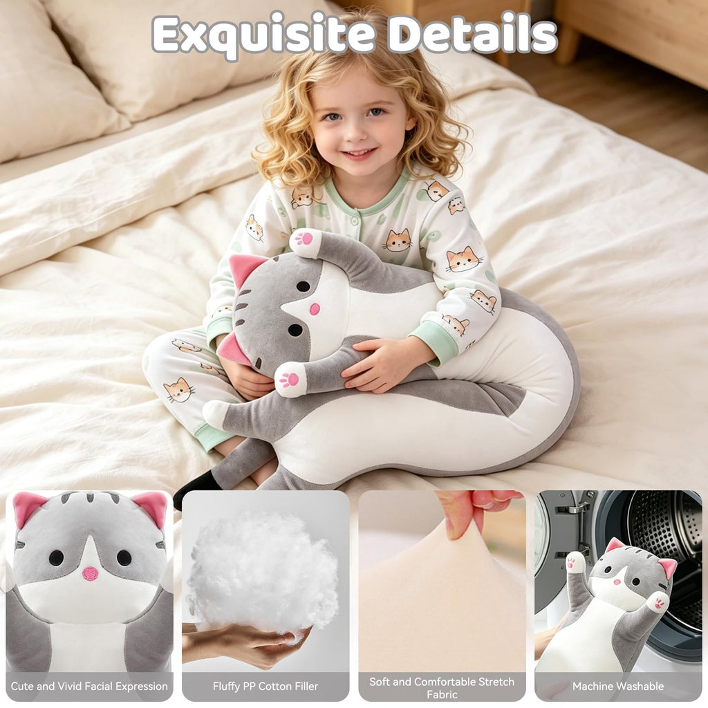SHINUOER Gray Cat Plush Pillow 19.7 Inch – Long Body Pillow for Kids