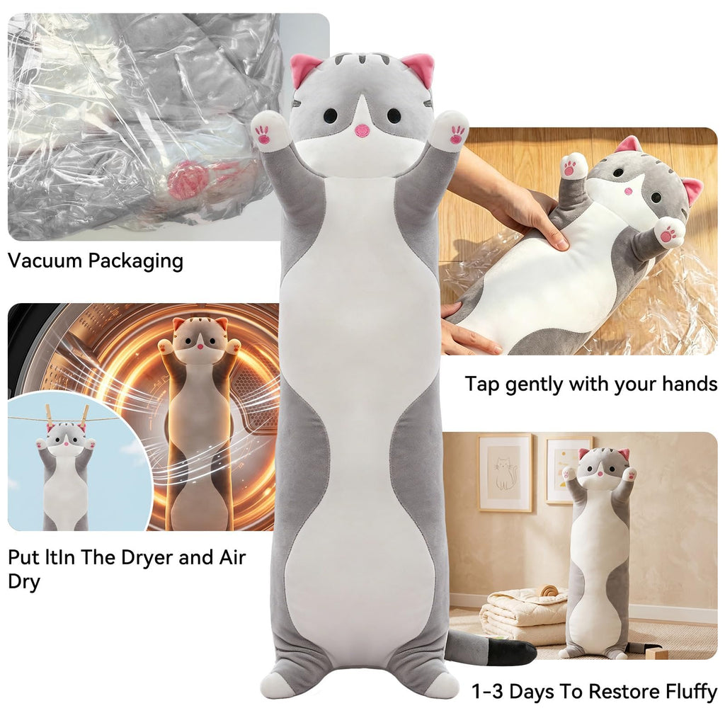 SHINUOER Gray Cat Plush Pillow 19.7 Inch – Long Body Pillow for Kids