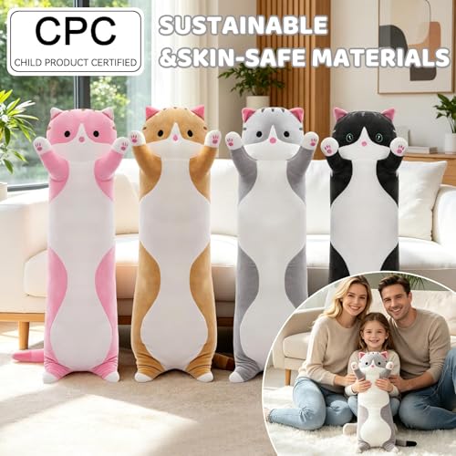 SHINUOER Gray Cat Plush Pillow 19.7 Inch – Long Body Pillow for Kids