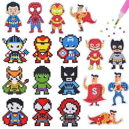 SHOWERRING 5D Diamond Art Stickers Kit for Kids - Super Hero Rhinestone Mosaic Craft Set with 18 Patterns