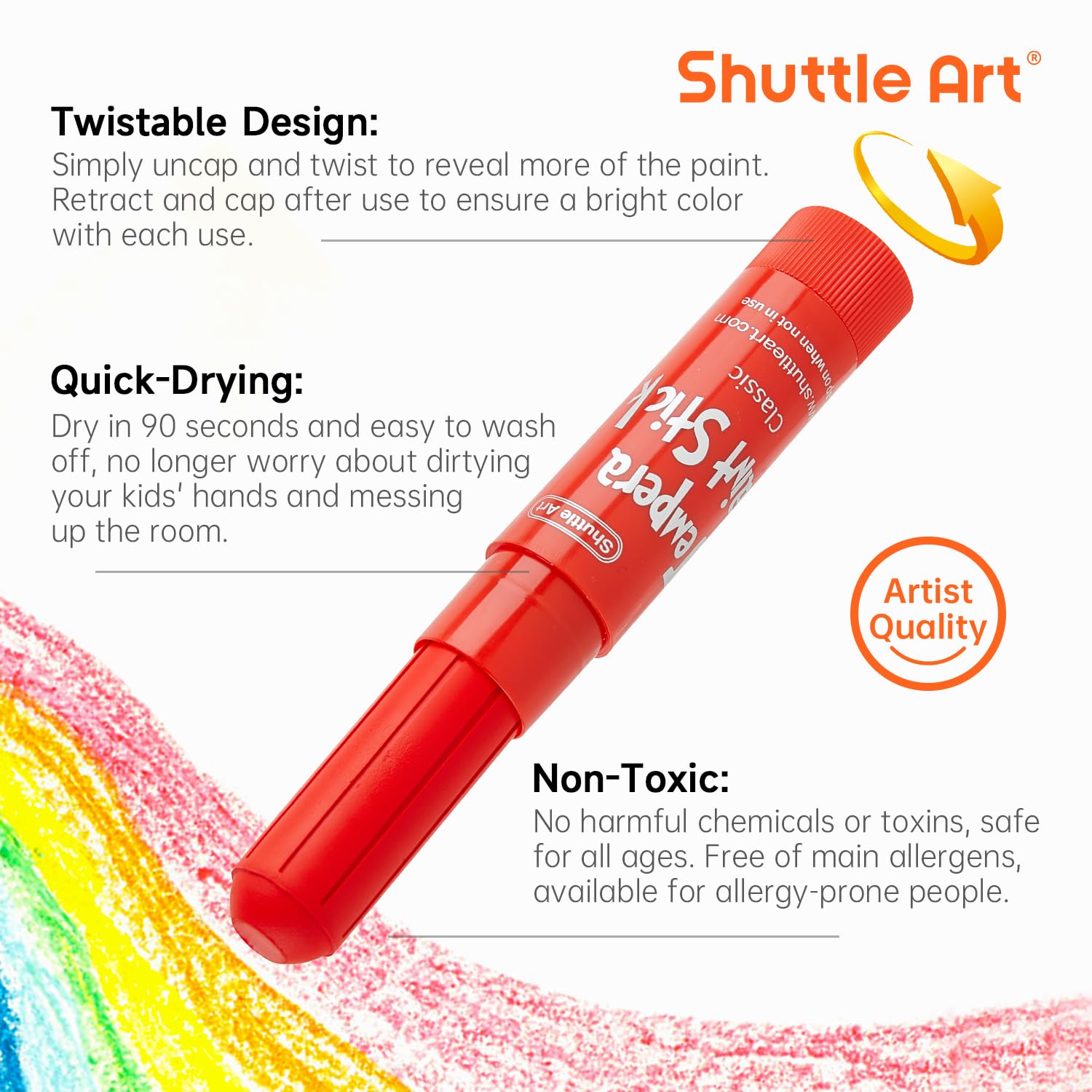 Shuttle Art Tempera Paint Sticks, 15 Colors – Quick-Drying, Washable, Kid-Safe