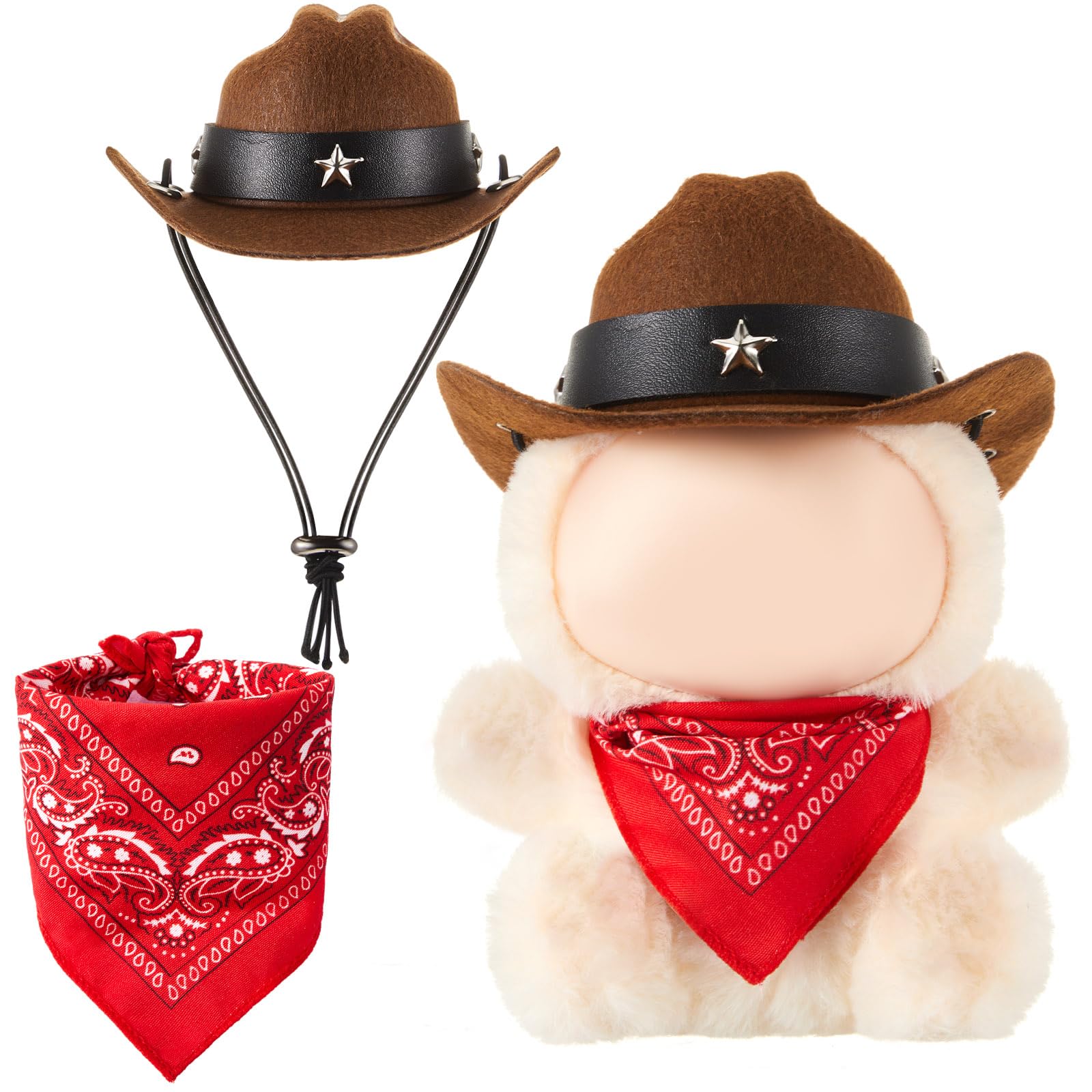 Shyyween 2 Pcs 17cm Doll Cowboy Costume Accessories – Mini Western Cowboy Hat with Bandana Scarf Set for Collectors