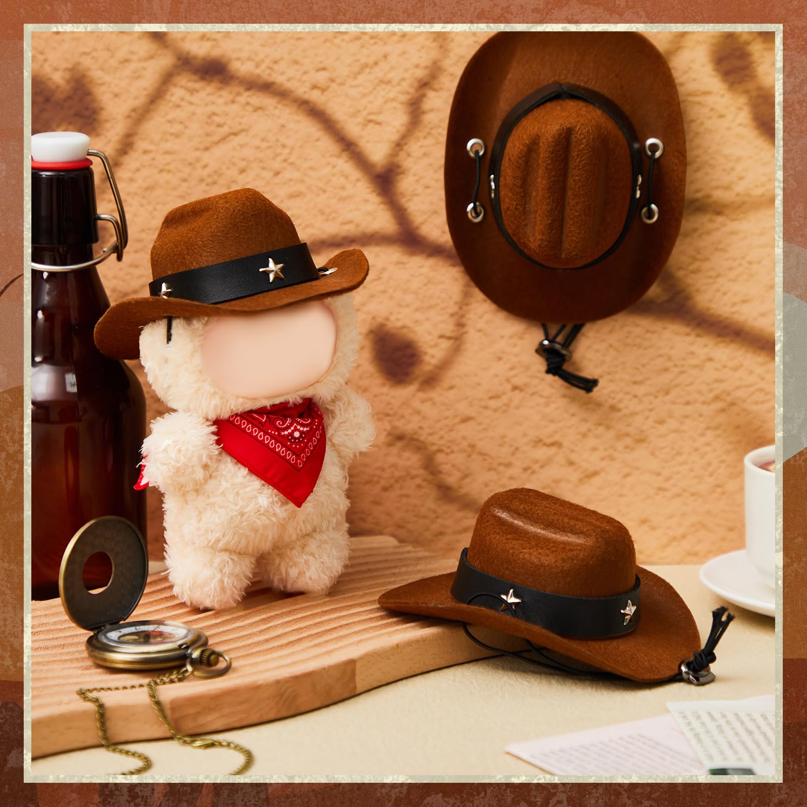 Shyyween 2 Pcs 17cm Doll Cowboy Costume Accessories – Mini Western Cowboy Hat with Bandana Scarf Set for Collectors
