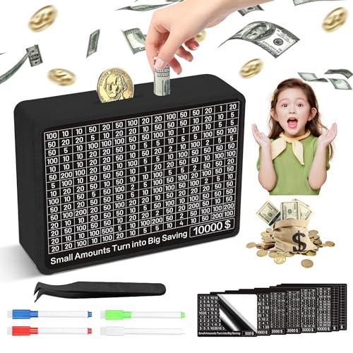 Sidypro Wooden Money Saving Box with 10000 Dollars Target – Cash Savings Challenge for Adults & Kids, Black