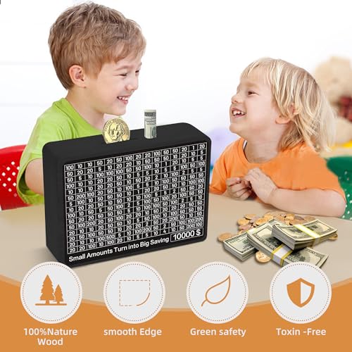 Sidypro Wooden Money Saving Box with 10000 Dollars Target – Cash Savings Challenge for Adults & Kids, Black