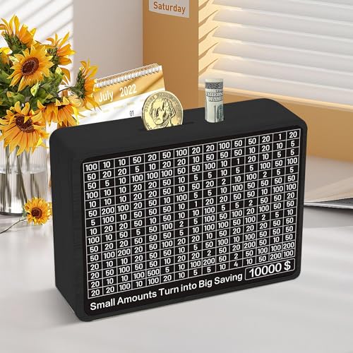 Sidypro Wooden Money Saving Box with 10000 Dollars Target – Cash Savings Challenge for Adults & Kids, Black