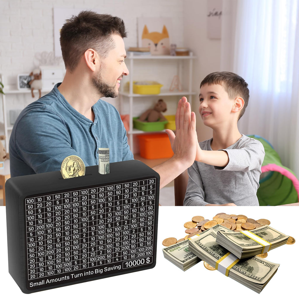 Sidypro Wooden Money Saving Box with 10000 Dollars Target – Cash Savings Challenge for Adults & Kids, Black