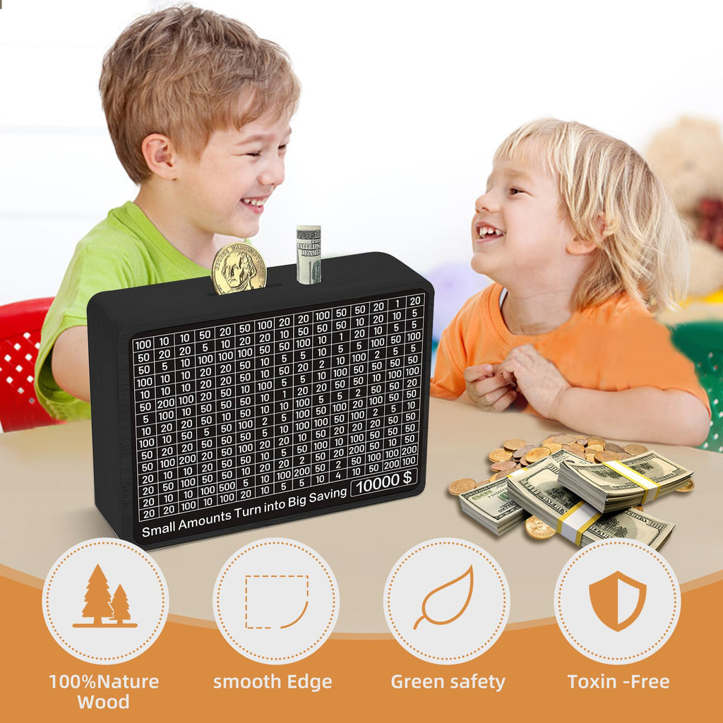 Sidypro Wooden Money Saving Box with 10000 Dollars Target – Cash Savings Challenge for Adults & Kids, Black