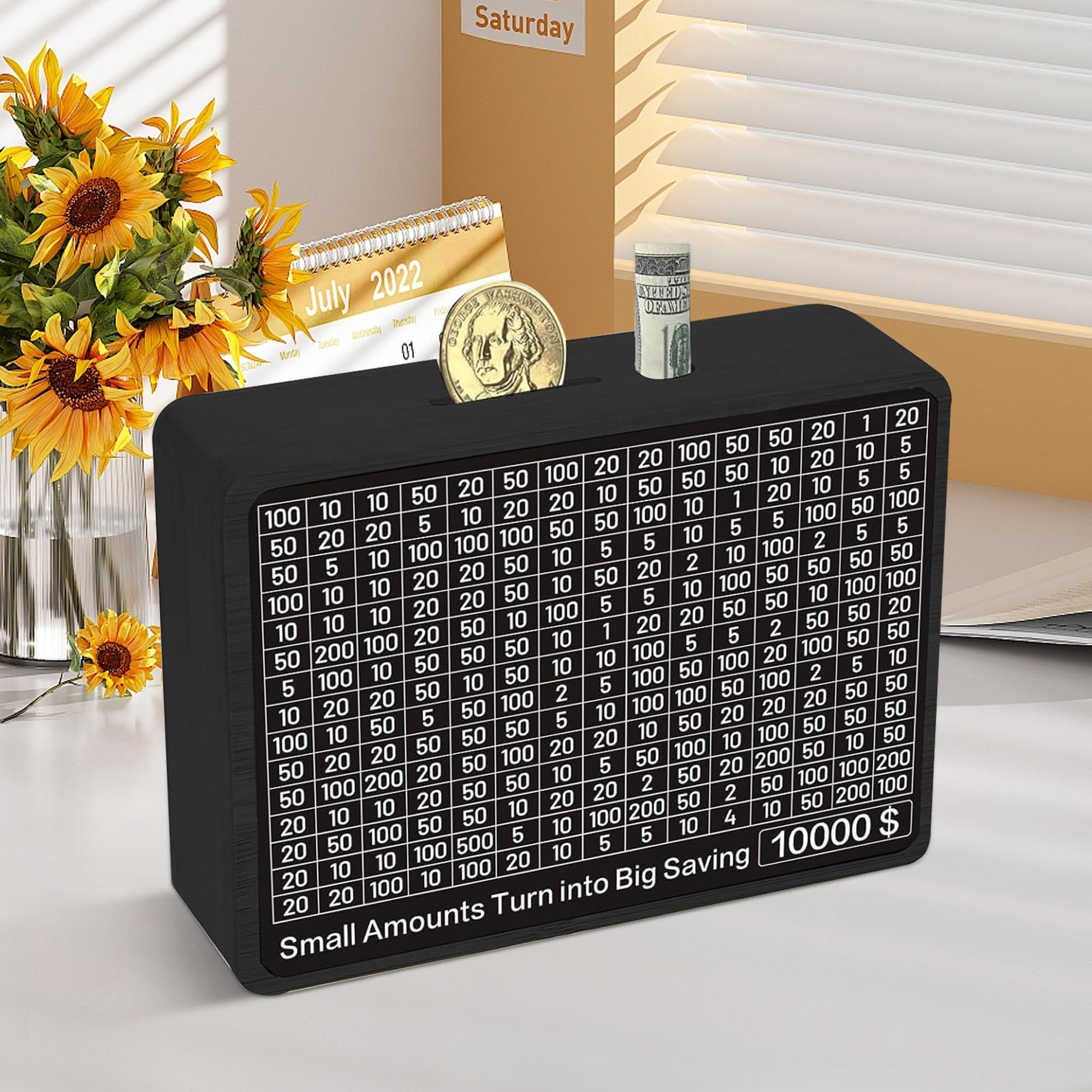 Sidypro Wooden Money Saving Box with 10000 Dollars Target – Cash Savings Challenge for Adults & Kids, Black