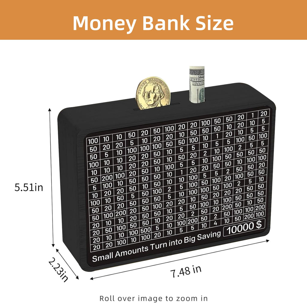 Sidypro Wooden Money Saving Box with 10000 Dollars Target – Cash Savings Challenge for Adults & Kids, Black