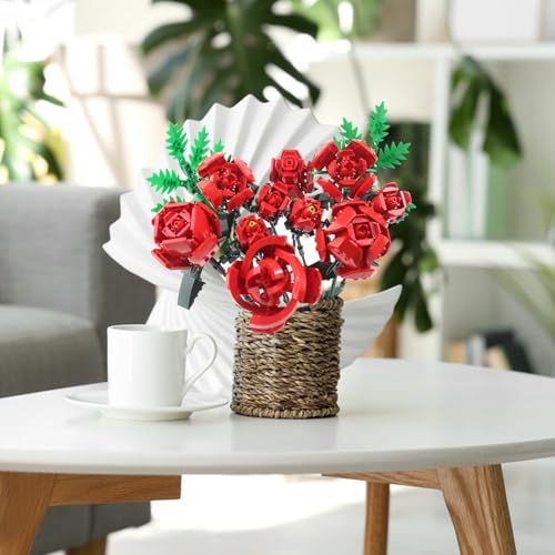 SIENON Red Rose Building Set - 10 Roses & Leaves, 644 Pcs Artificial Flower Bouquet Kit for Home Decor (No Vase)