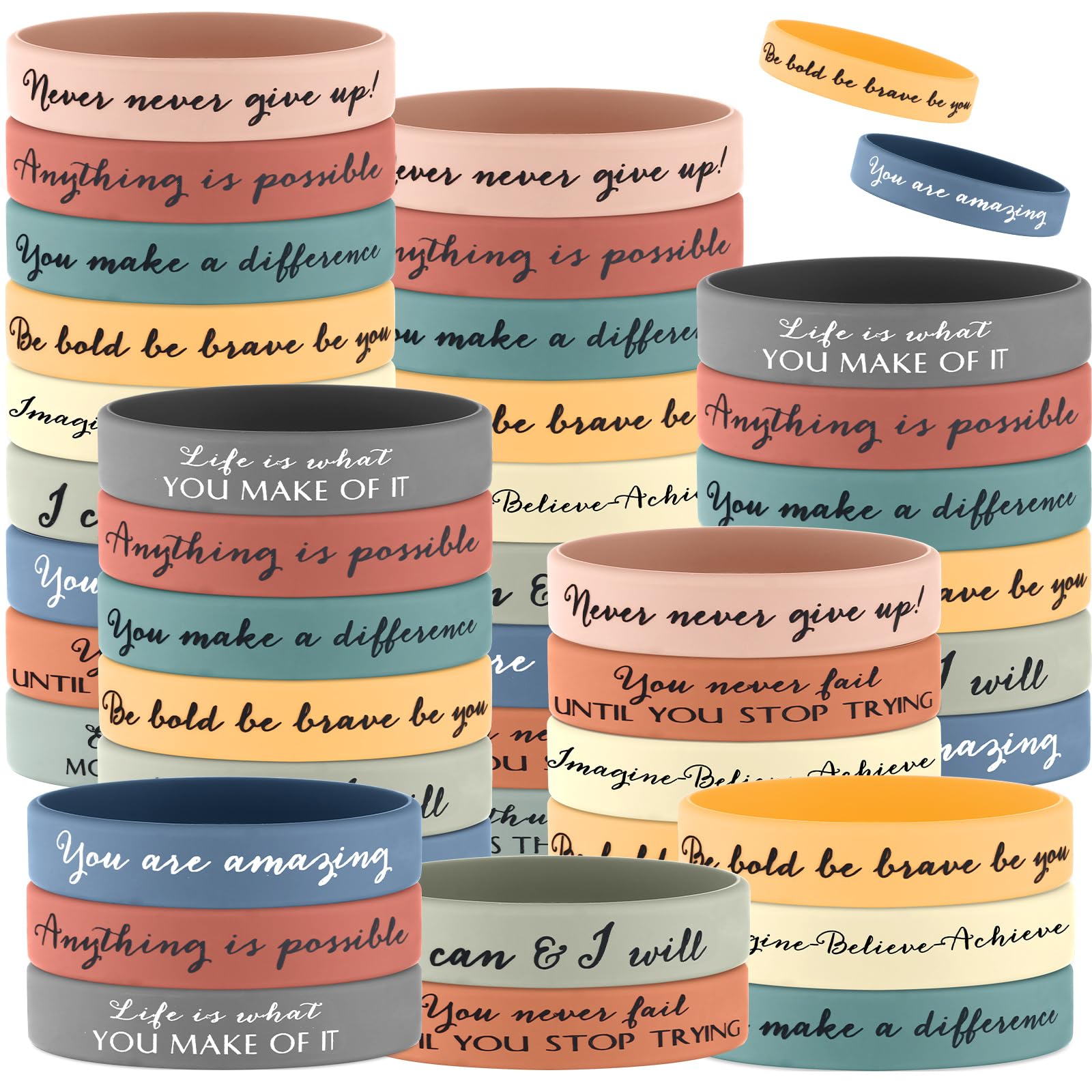 Sieral 50-Pack Inspirational Silicone Wristbands – Motivational Rubber Bracelets with Positive Quotes for Students, Women, Men, Bulk