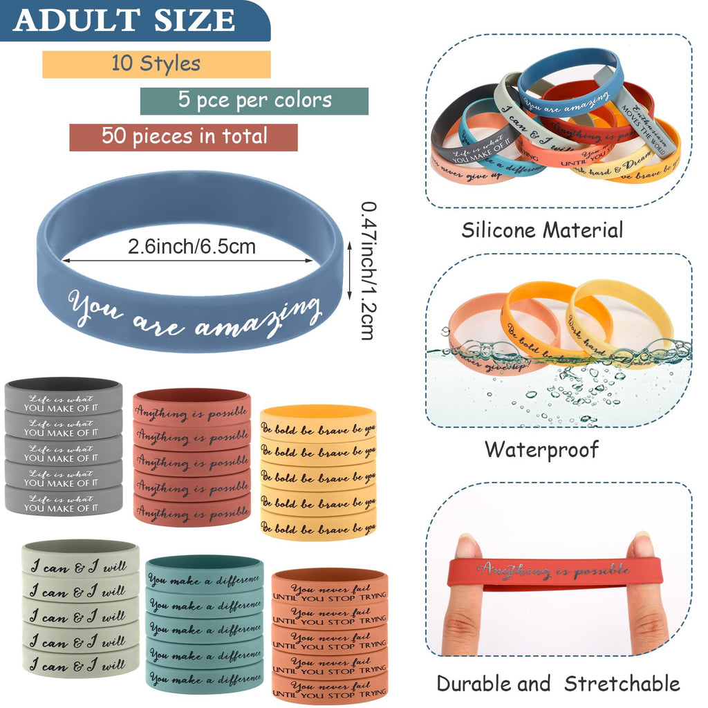 Sieral 50-Pack Inspirational Silicone Wristbands – Motivational Rubber Bracelets with Positive Quotes for Students, Women, Men, Bulk