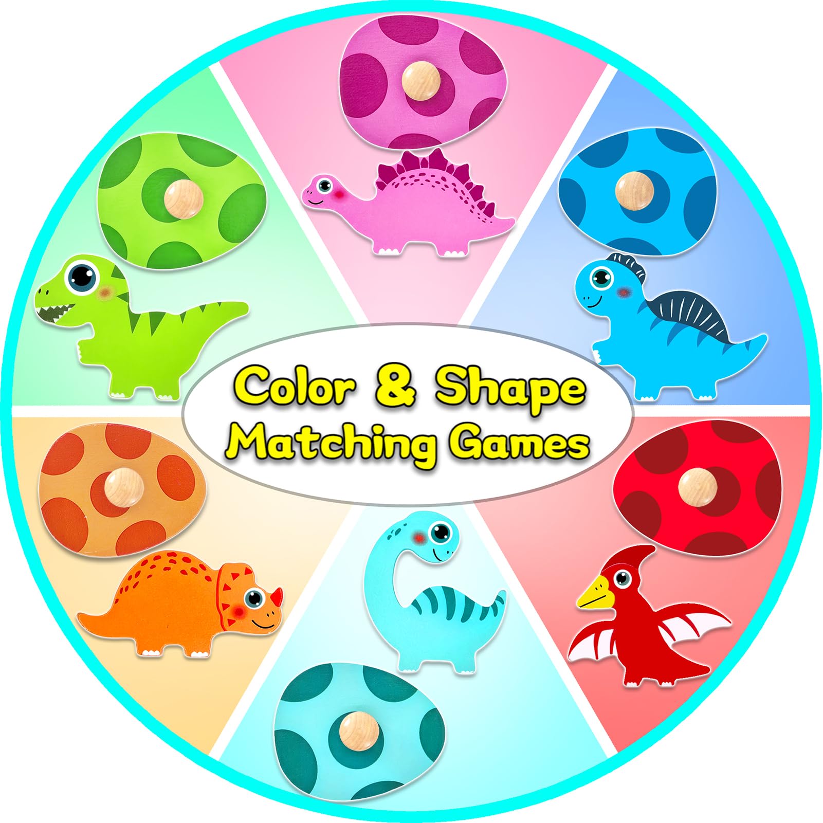 SIERLIKY Wooden Peg Puzzle for Toddlers - Montessori Color Sorting & Shape Matching Dinosaur Eggs Toy