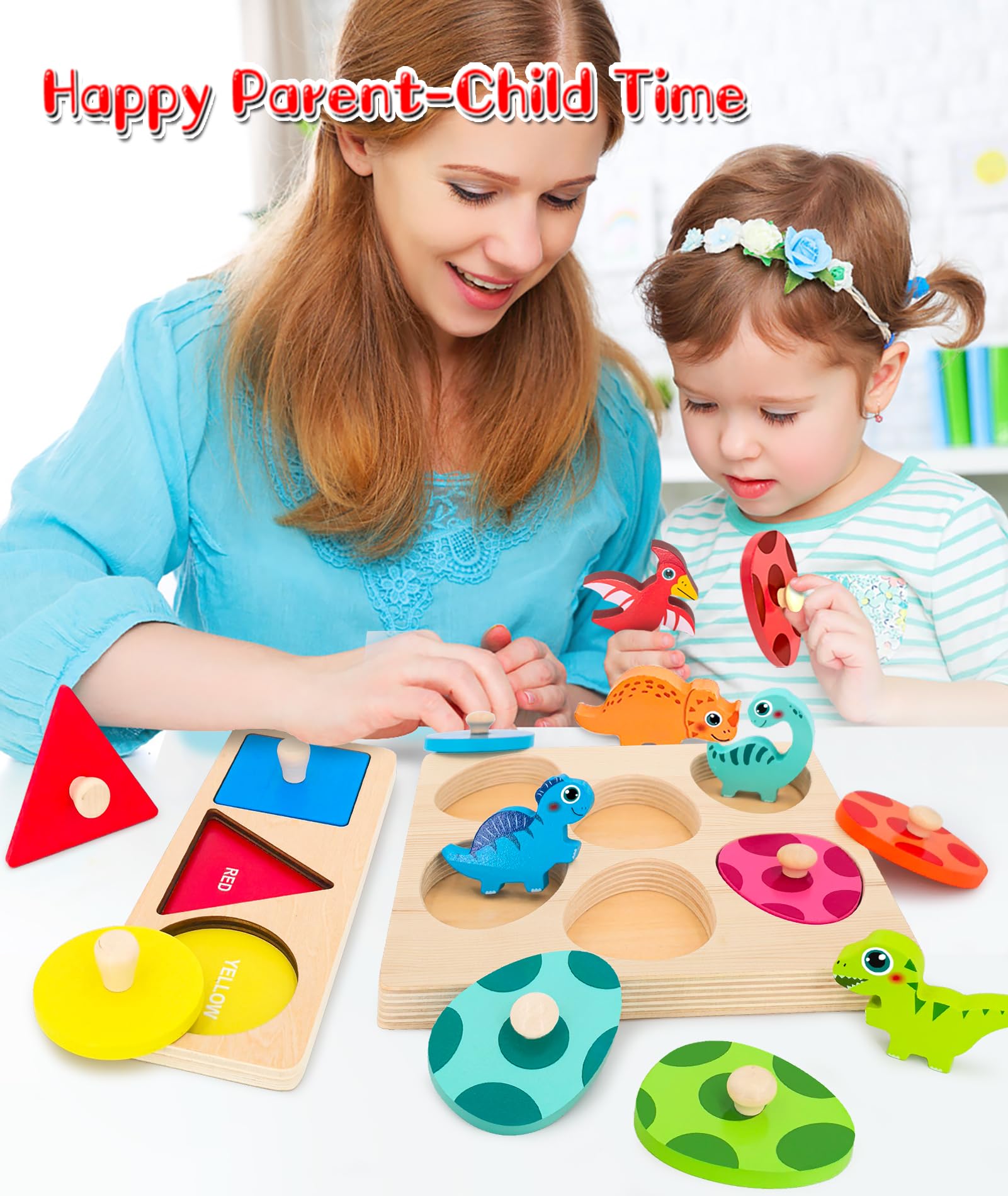 SIERLIKY Wooden Peg Puzzle for Toddlers - Montessori Color Sorting & Shape Matching Dinosaur Eggs Toy