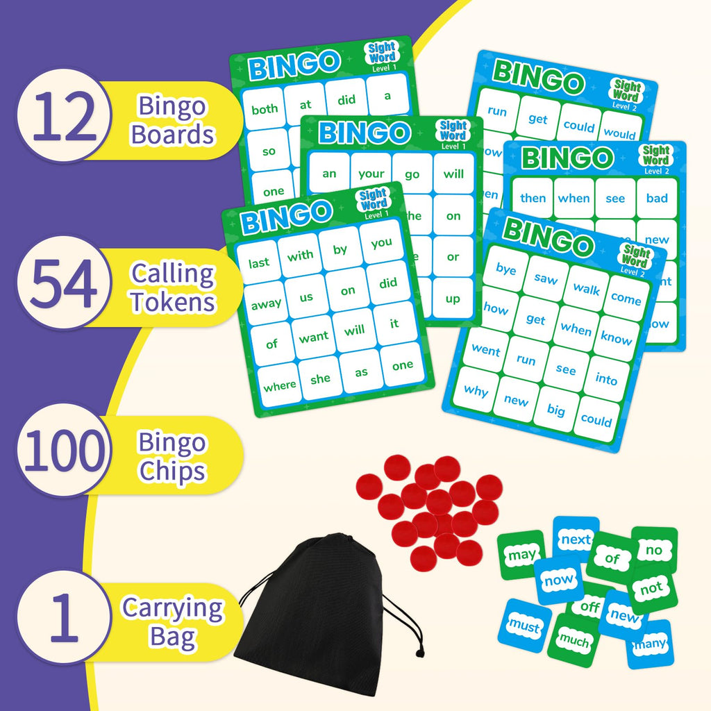 Sight Word Bingo Game – Learn to Read with Level 1 & 2, Kindergarten Preschool Reading Activities, Classroom & Homeschool