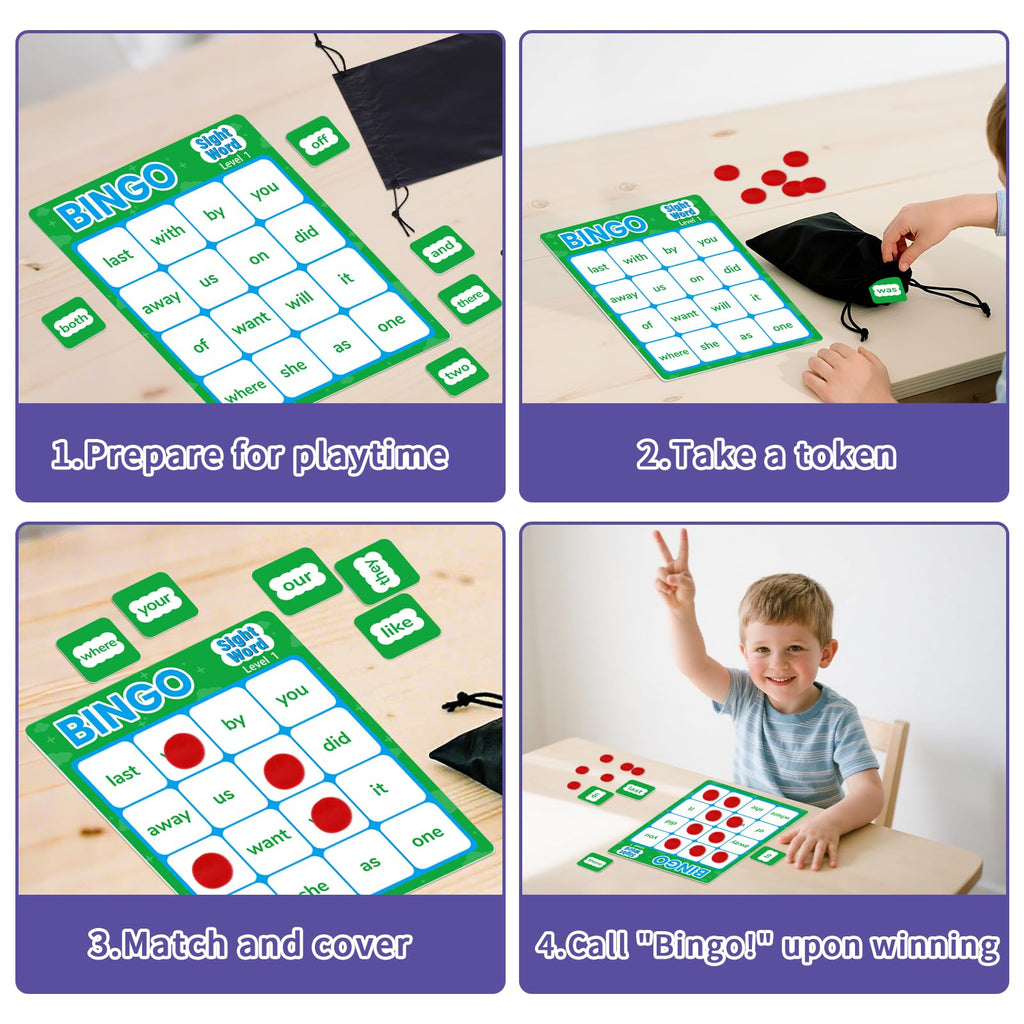 Sight Word Bingo Game – Learn to Read with Level 1 & 2, Kindergarten Preschool Reading Activities, Classroom & Homeschool