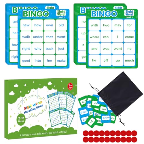 Sight Word Bingo Game – Learn to Read with Level 1 & 2, Kindergarten Preschool Reading Activities, Classroom & Homeschool