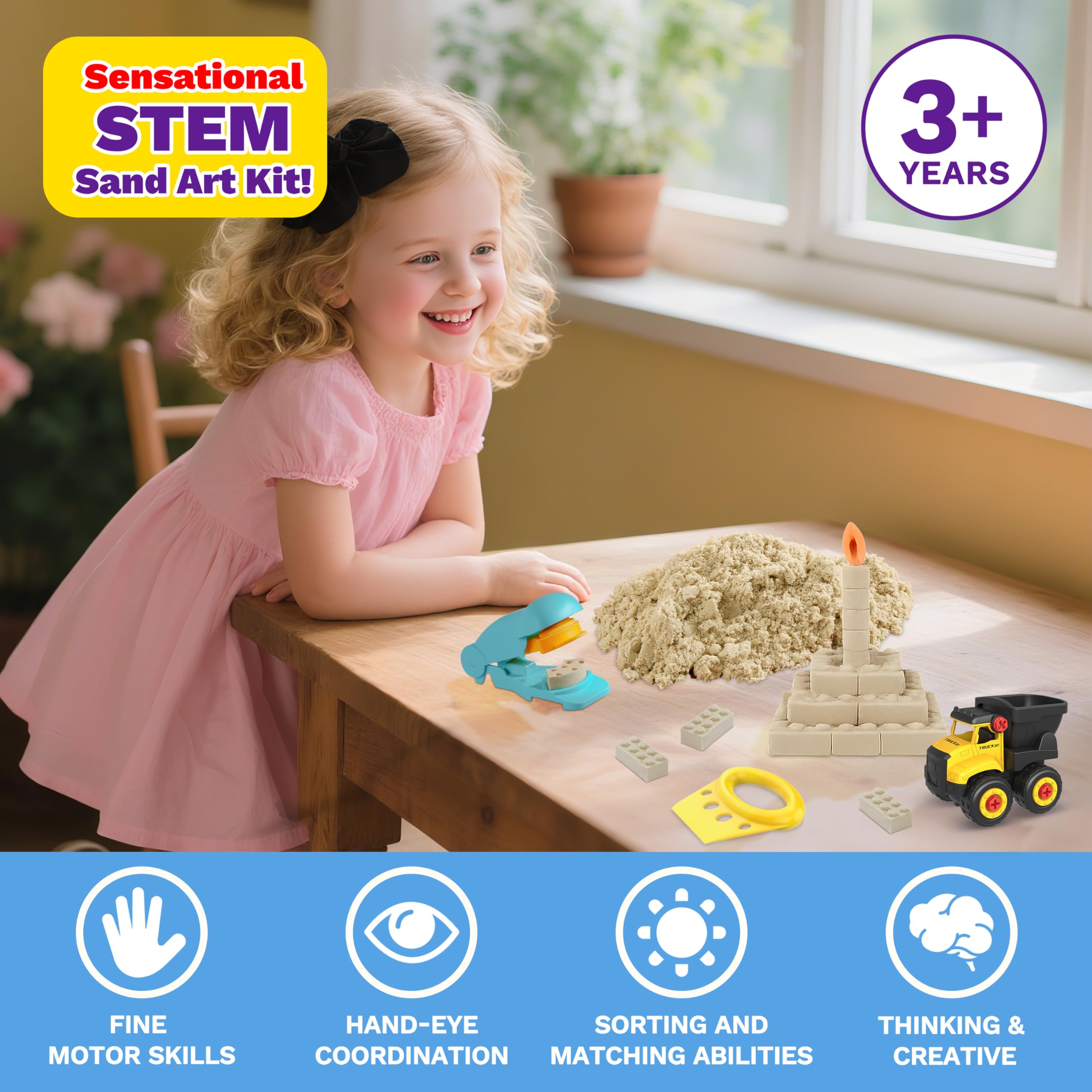 SIGHTEEDA Kids Play Sand Kit - 1.7 lbs Moldable Sensory Sand with 6 Molds & Tools, Mess-Free Indoor Sandbox Toy, STEM Activity for Ages 3-8