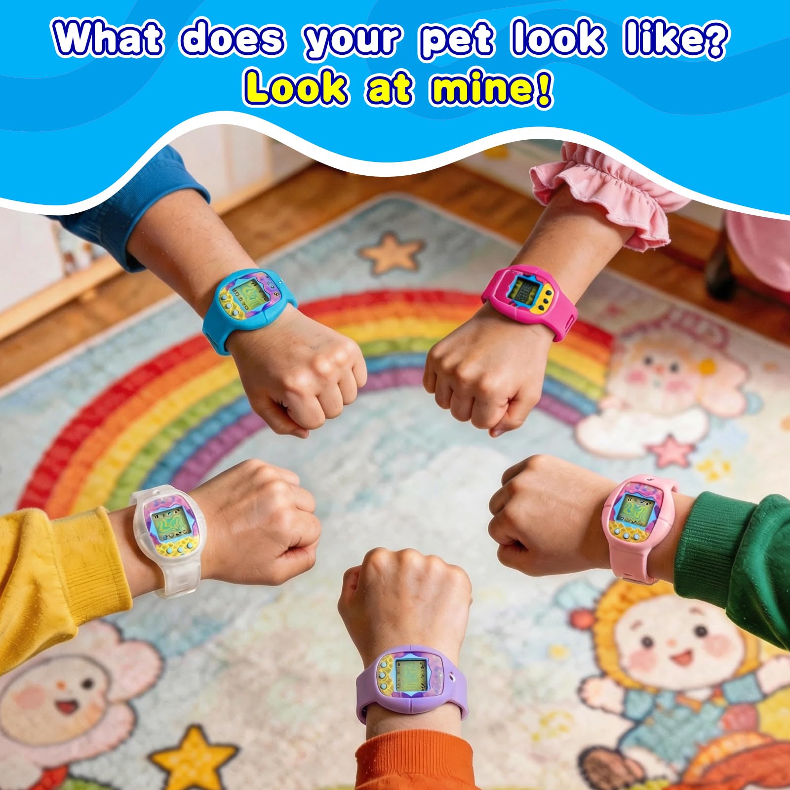 Silicone Wristband for Tamagotchi Original – Blue, Adjustable Anti-Drop Strap for Gen 1 & 2, Neon, Retro Flowers, 90s Edition, Fresh Strawberry