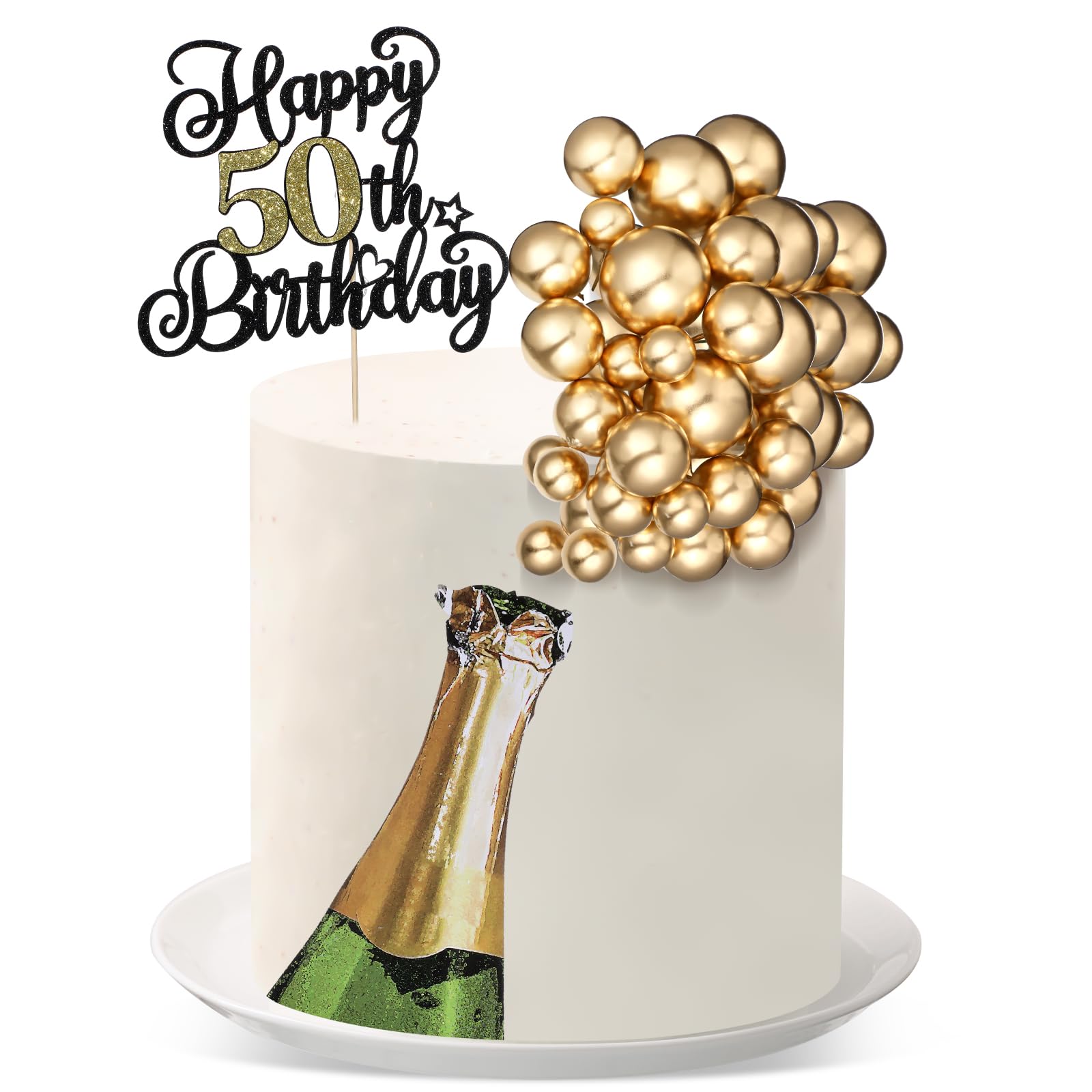 Silipull 38 Pcs 50th Birthday Cake Topper Set with Gold Balls – 6.1 x 5 Inch Banner and Beer Decoration for Men Anniversary Party Supplies