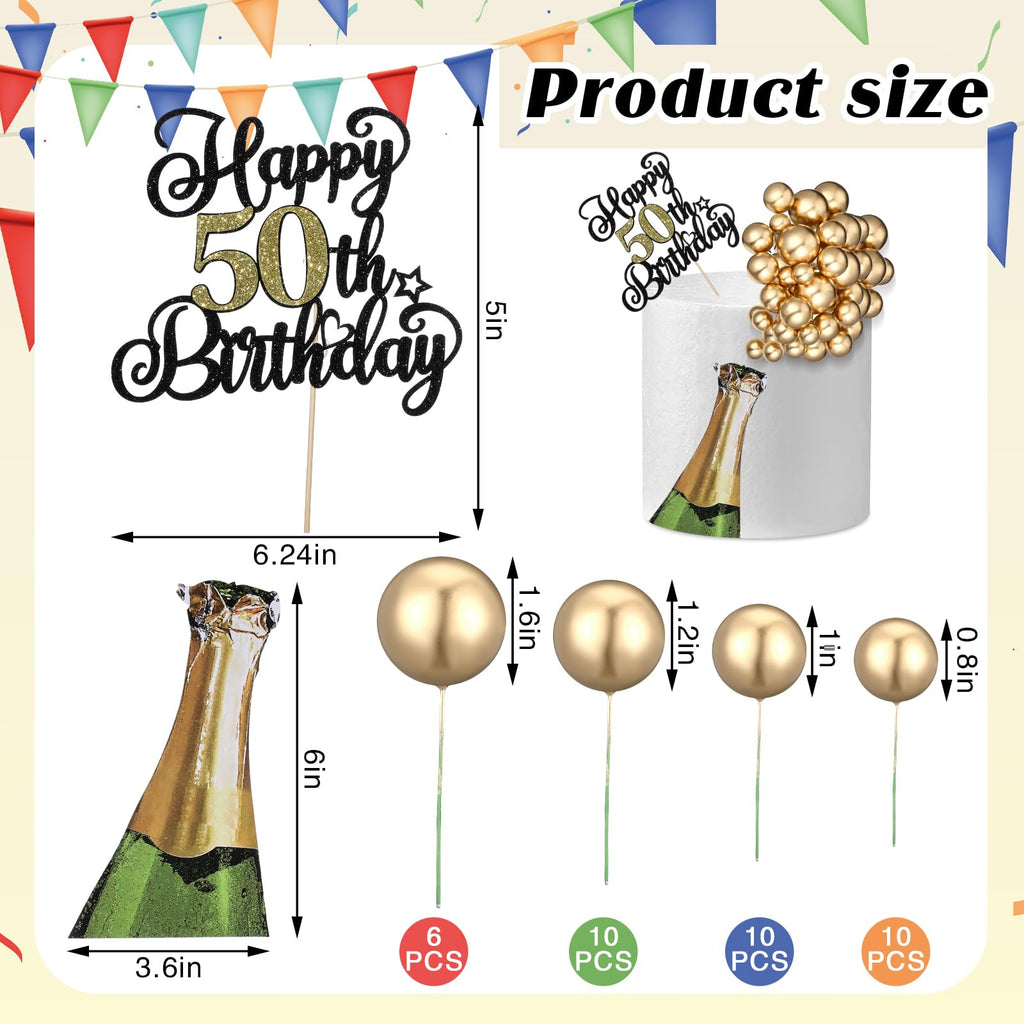 Silipull 38 Pcs 50th Birthday Cake Topper Set with Gold Balls – 6.1 x 5 Inch Banner and Beer Decoration for Men Anniversary Party Supplies