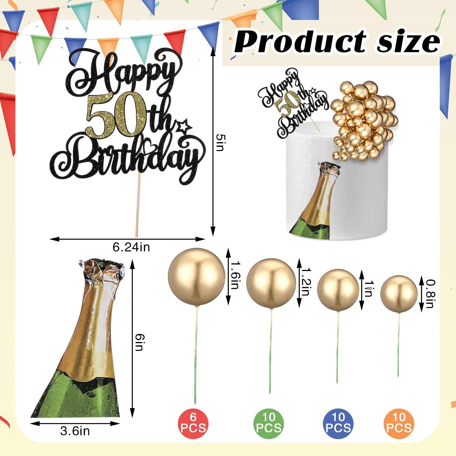 Silipull 38 Pcs 50th Birthday Cake Topper Set with Gold Balls – 6.1 x 5 Inch Banner and Beer Decoration for Men Anniversary Party Supplies